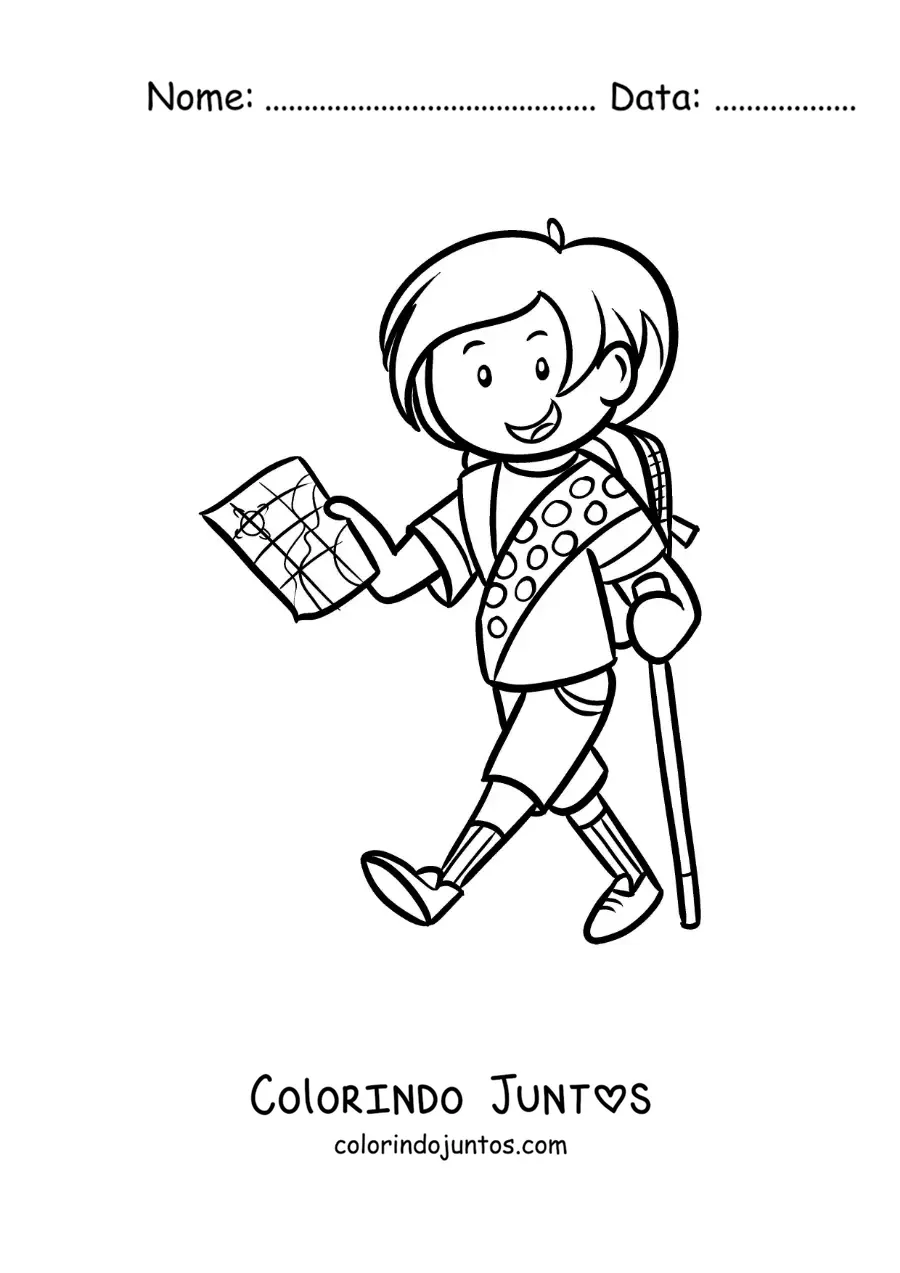 Desenho para colorir de uma menina exploradora caminhando com um mapa em uma trilha