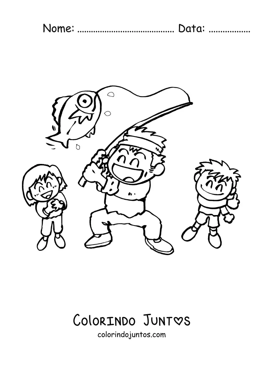 Desenho para colorir de um pai e seus filhos pescando um peixe