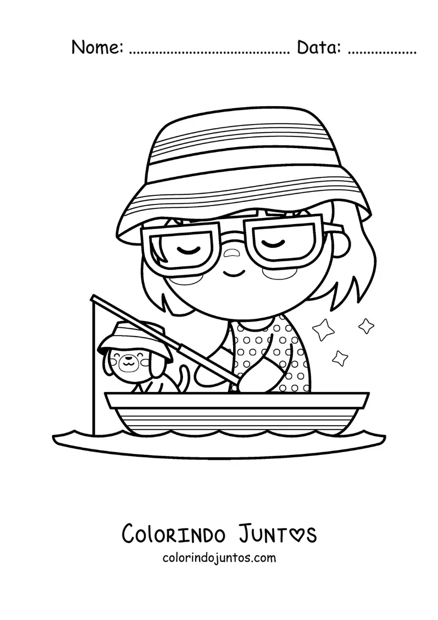 Desenho para colorir de uma menina pescando com seu cachorro em um barco