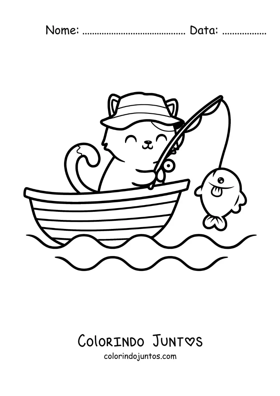 Desenho para colorir de um gato animado pescando um peixe em um barco