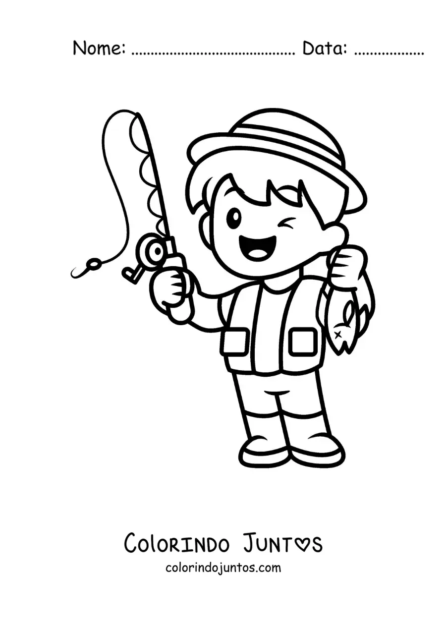 Desenho para colorir de um menino pescador kawaii animado