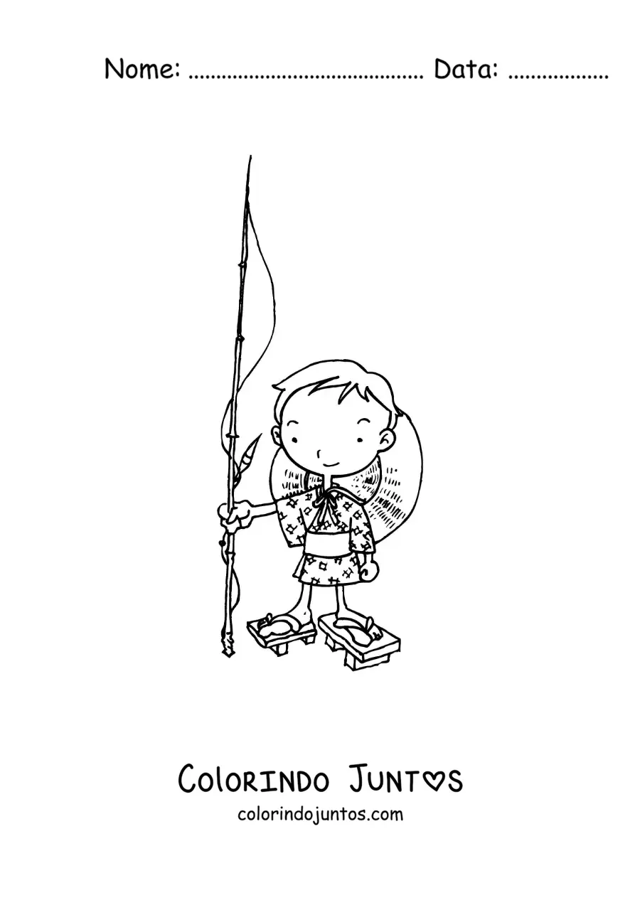 Desenho para colorir de um menino pescador japones animado