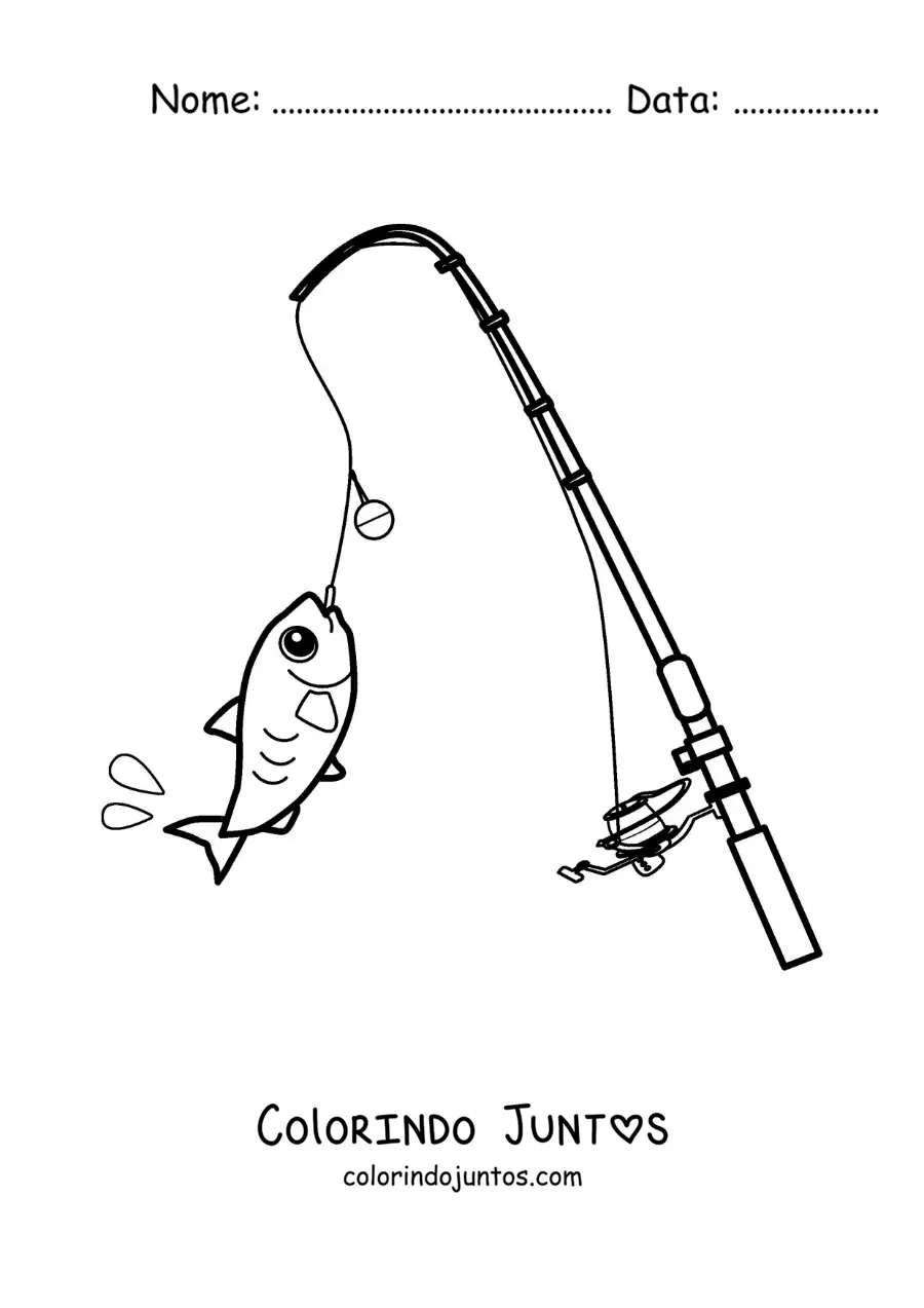 Desenho para colorir de uma vara de pescar com um peixe animado