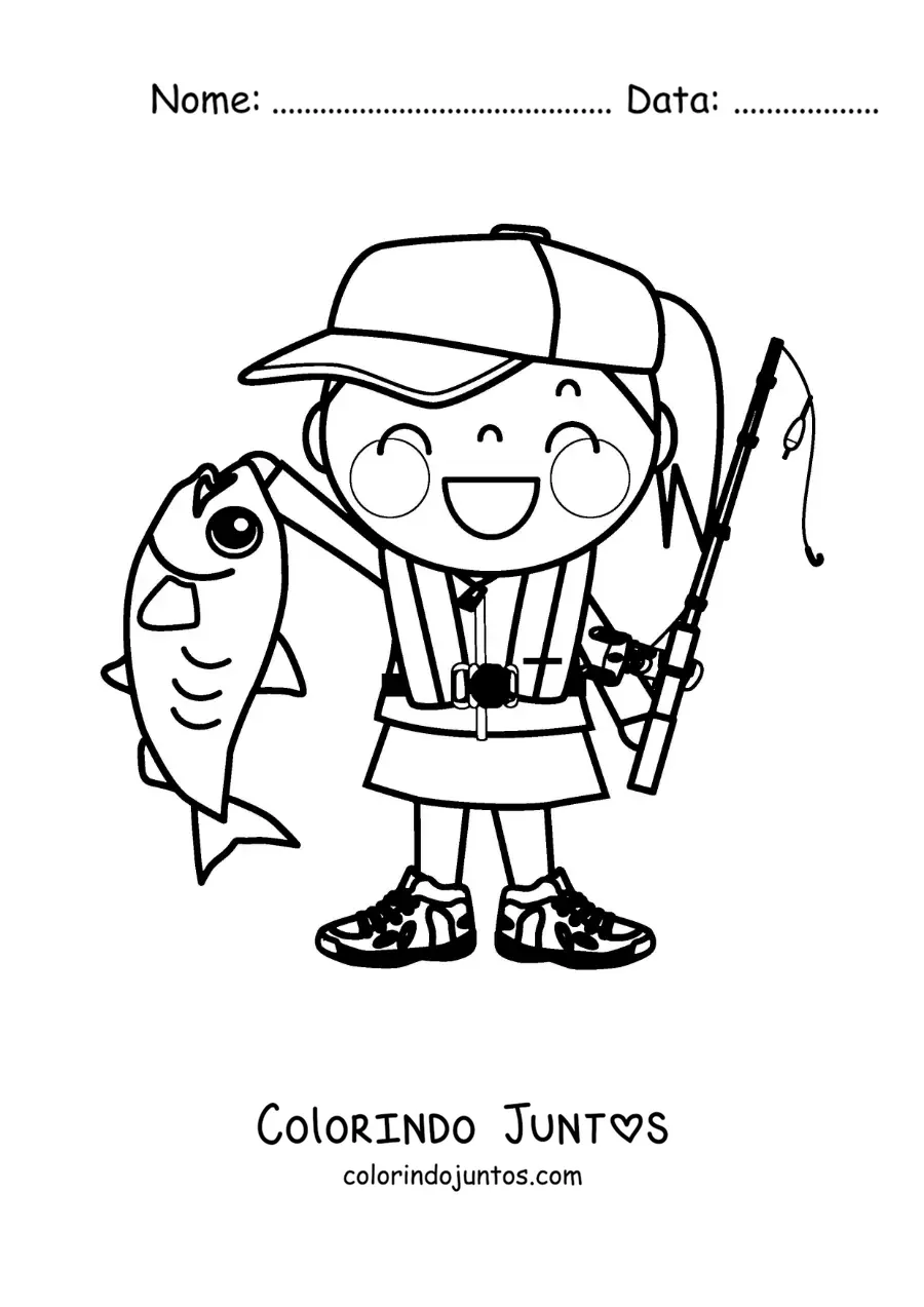 Desenho para colorir de uma menina pescadora com um peixe