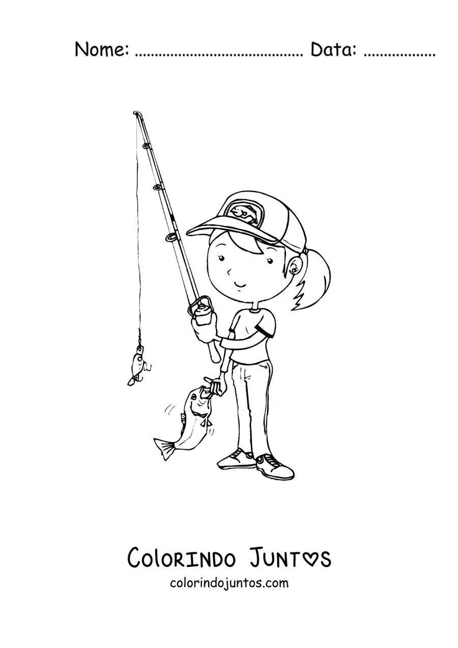 Desenho para colorir de uma menina animada pescando um peixe com uma vara