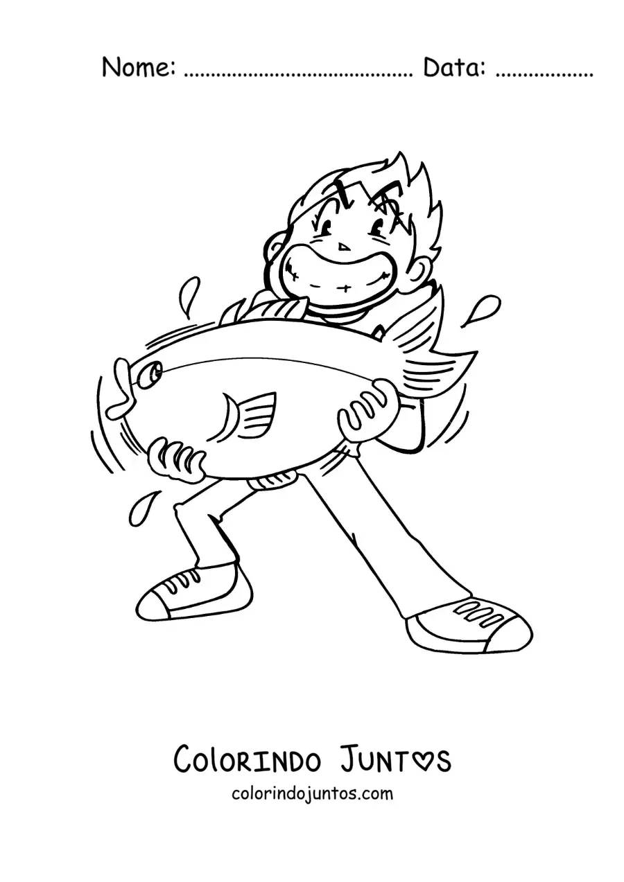 Desenho para colorir de uma caricatura de um pescador que pegou um peixe