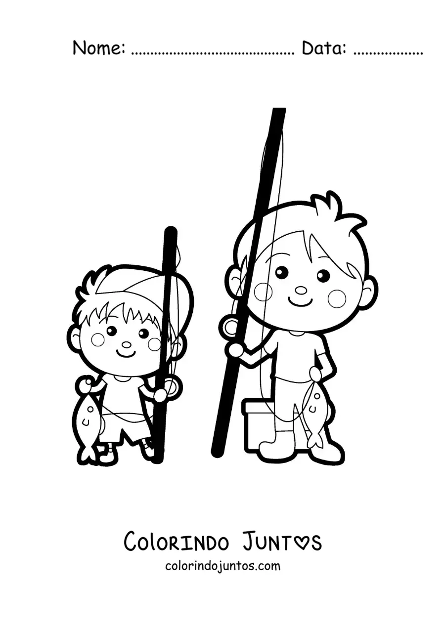Desenho para colorir de um pai kawaii pescando com seu filho