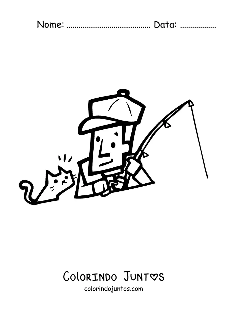 Desenho para colorir de uma caricatura de um pescador com seu gato