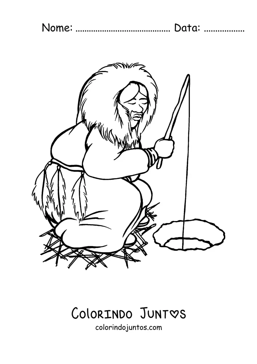 Desenho para colorir de uma esquimo pescando