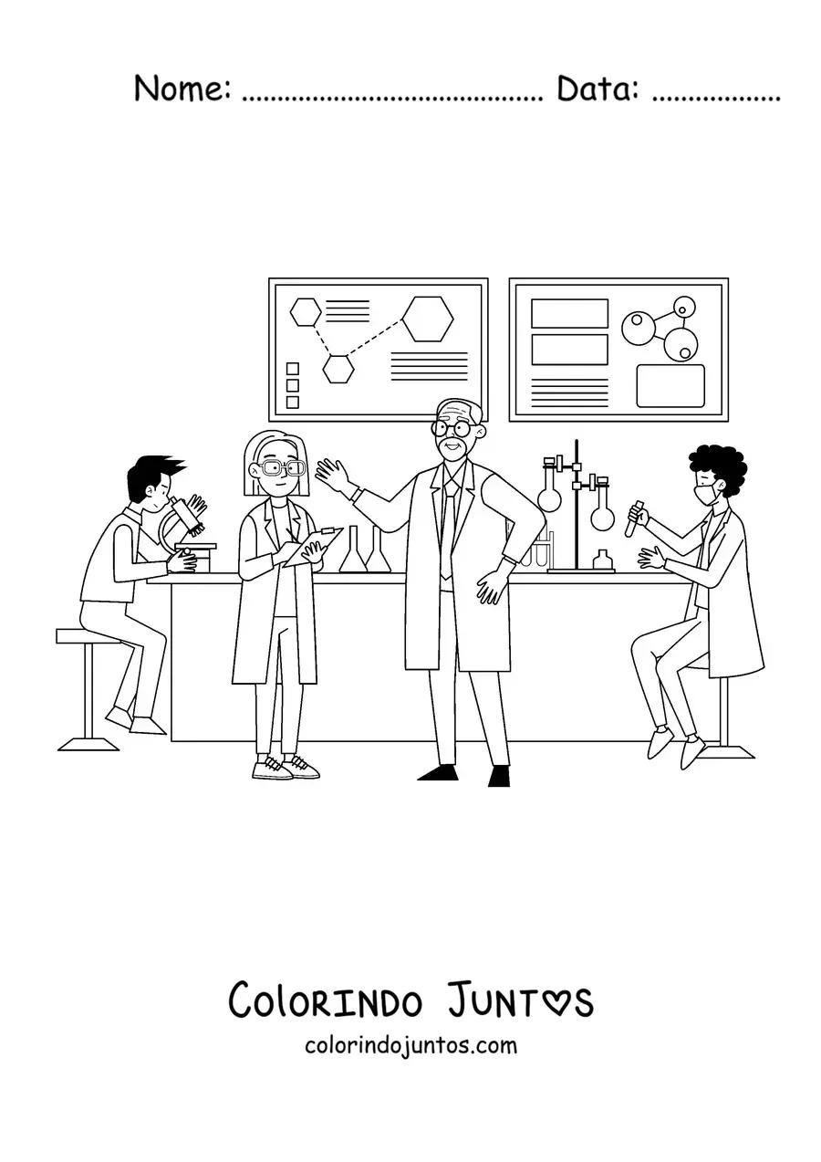 Desenho para colorir de vários cientistas em um laboratório