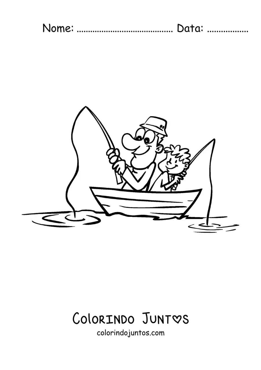 Desenho para colorir de uma caricatura de um pescador com seu filho em um barco