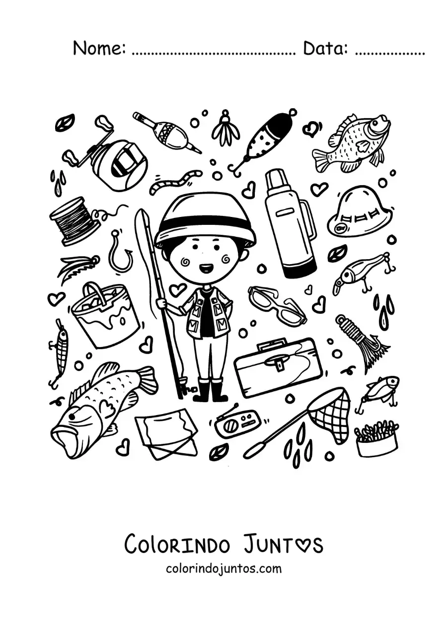 Desenho para colorir de um pescador animado com equipamentos de pesca