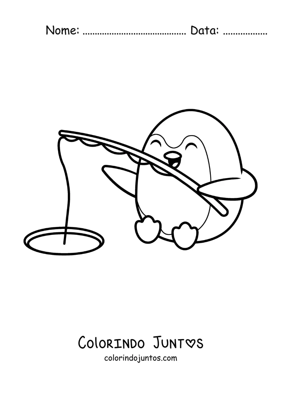 Desenho para colorir de um pinguim animado pescando
