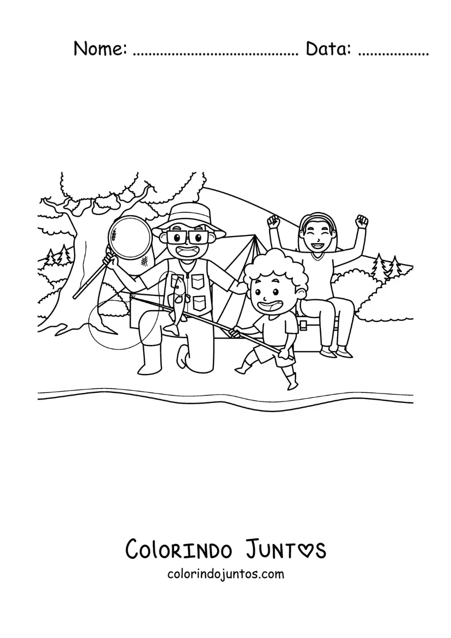 Desenho para colorir de uma familia animada pescando em um rio