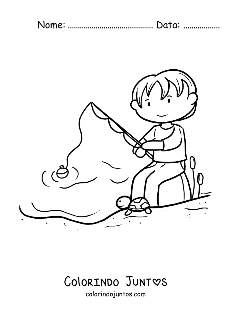 Desenho para colorir de um menino pescando com vara em um lago