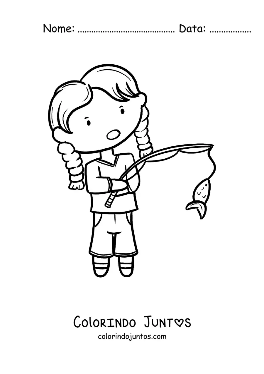 Desenho para colorir de uma menina pescando um peixe com uma vara