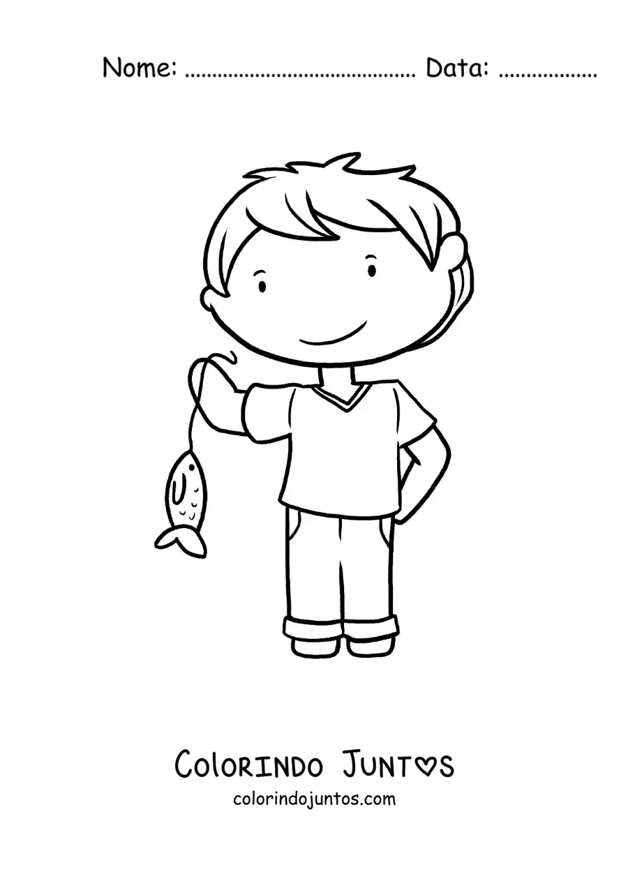 Desenho para colorir de um menino com um peixe que pescou