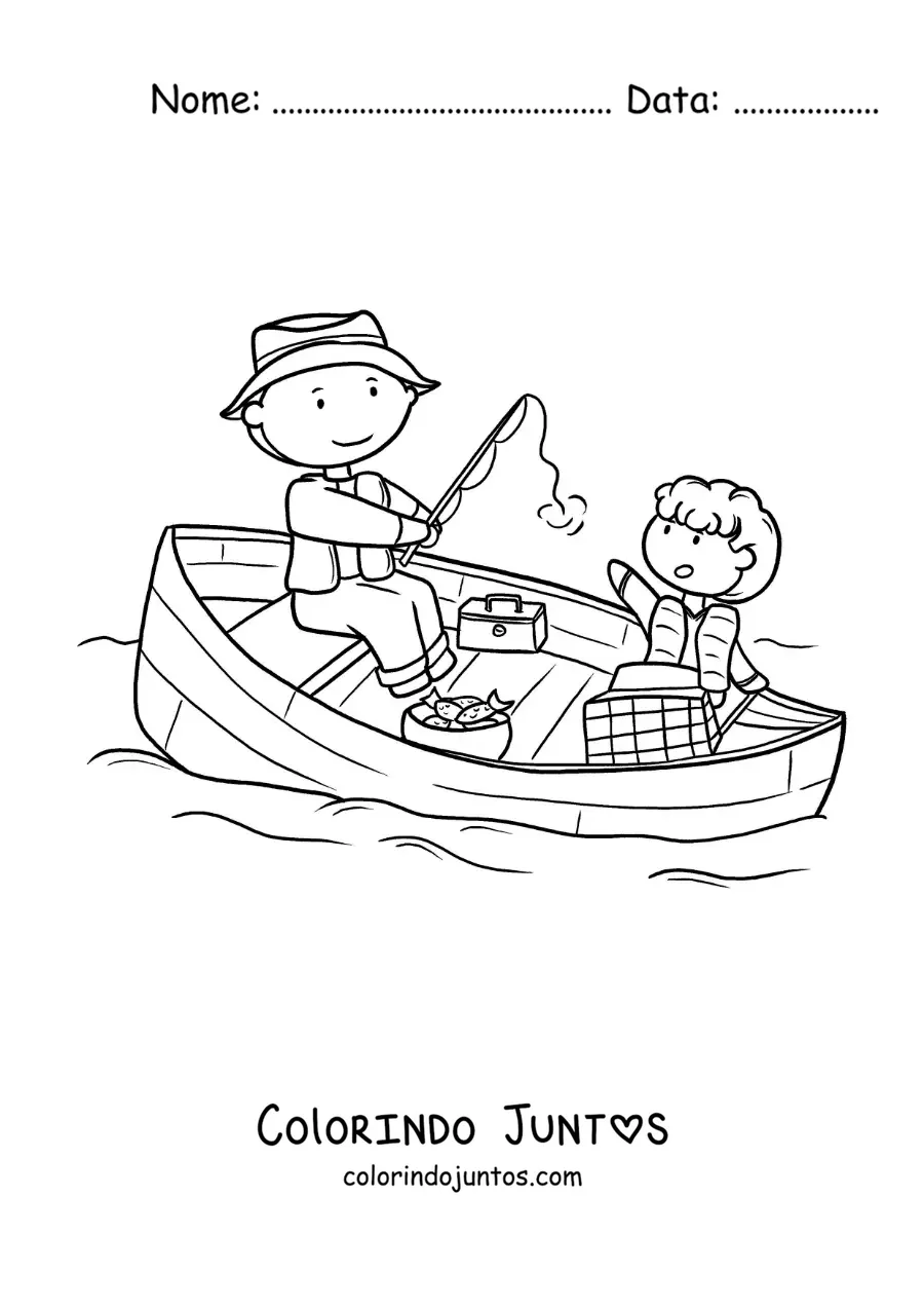 Desenho para colorir de um pai e seu filho pescando em um barco