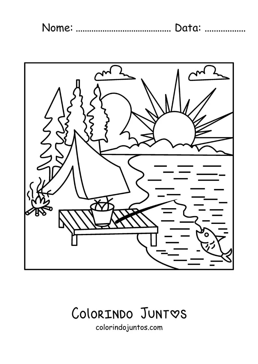 Desenho para colorir de uma vara de pescar em um acampamento