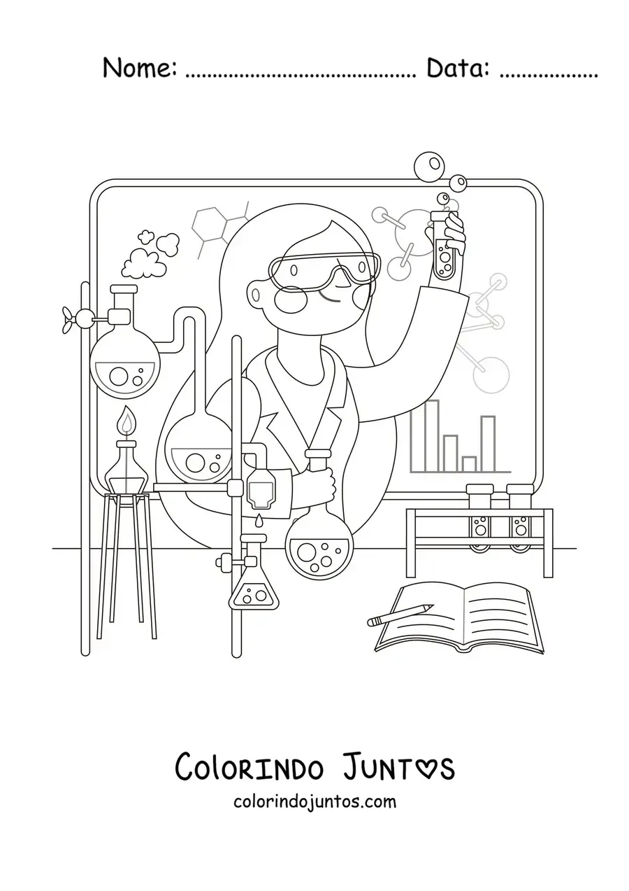 Desenho para colorir de uma mulher cientista fazendo experimentos