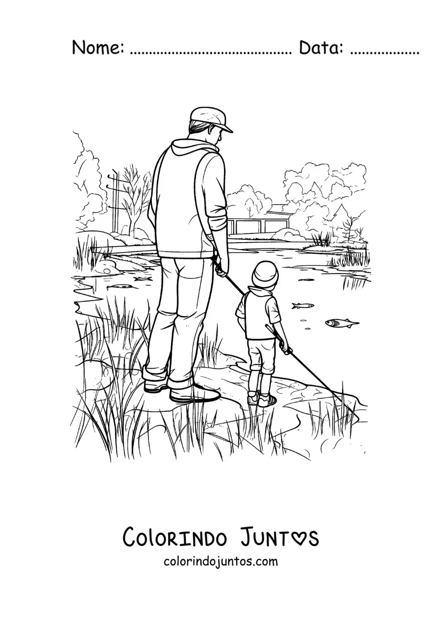 Desenho para colorir de um pai e seu filho pescando em um lago em estilo realista