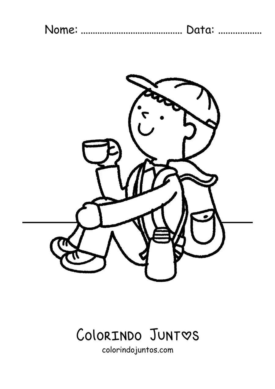 Desenho para colorir de um excursionista com sua mochila tomando cafe