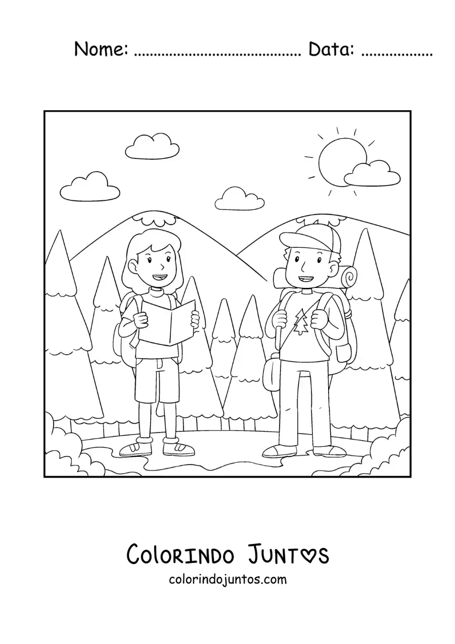 Desenho para colorir de um casal de excursionistas em um passeio pela montanha