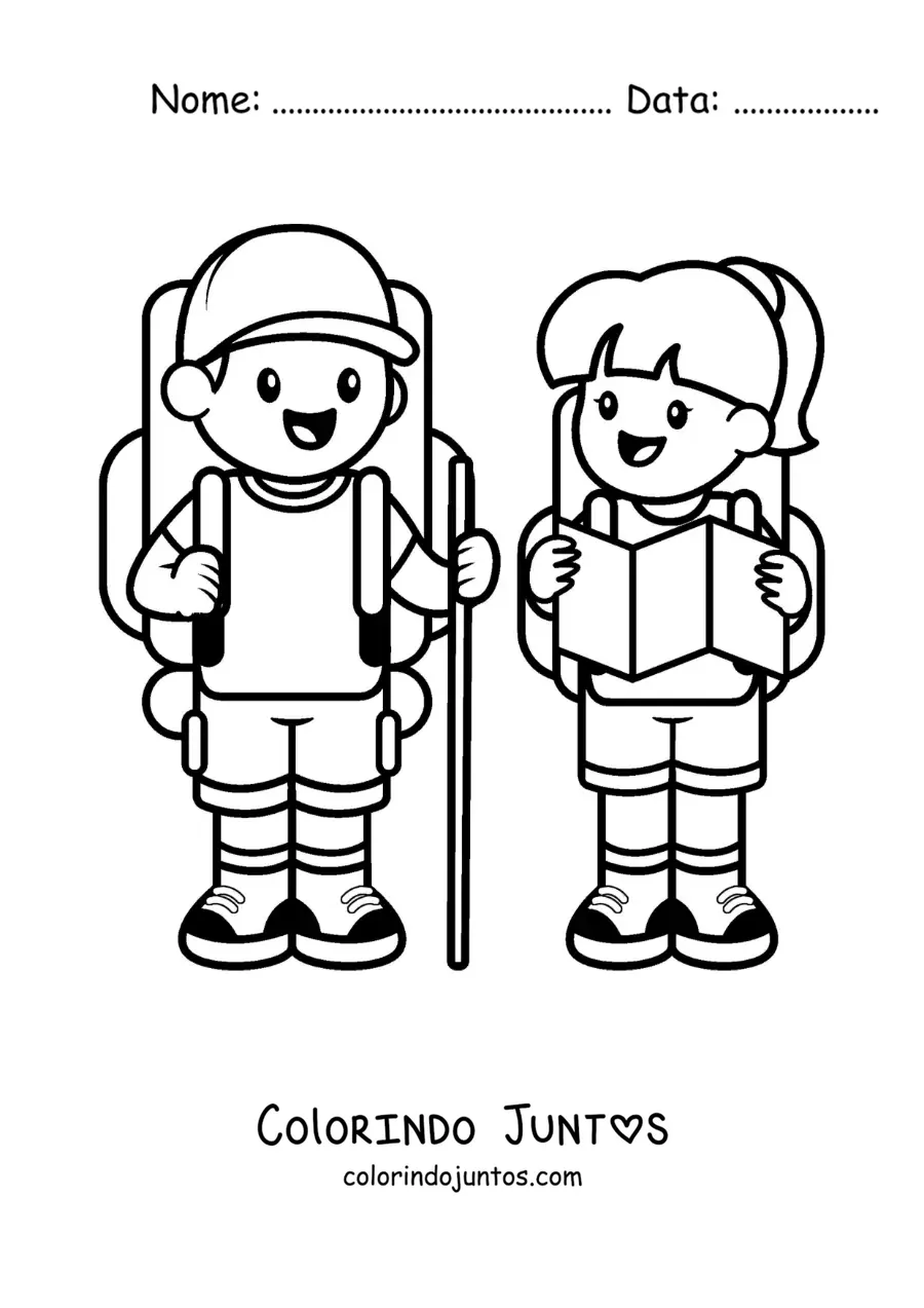 Desenho para colorir de um casal de excursionistas kawaii com mochilas