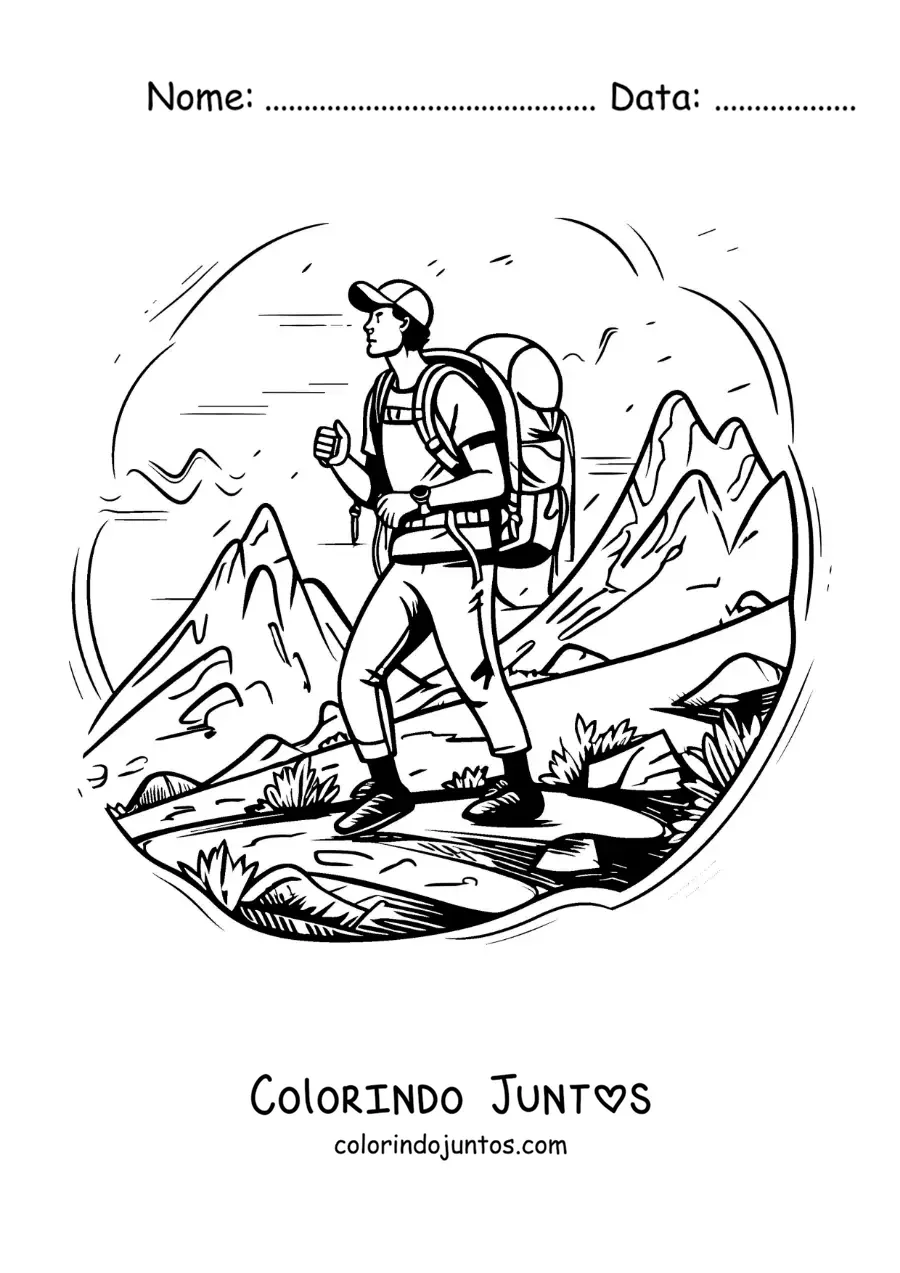 Desenho para colorir de um menino excursionista na montanha