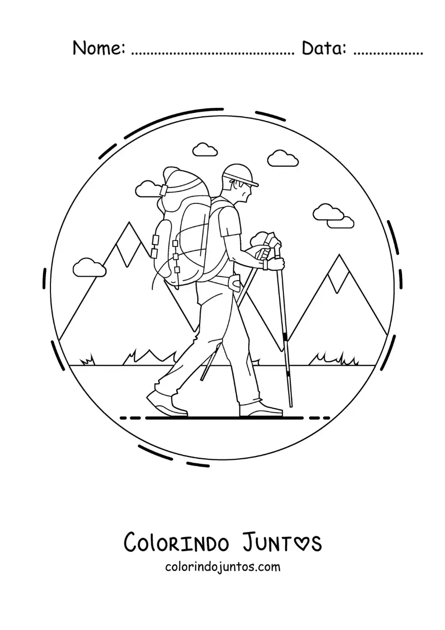 Desenho para colorir de um caminhante fazendo trilha com uma mochila