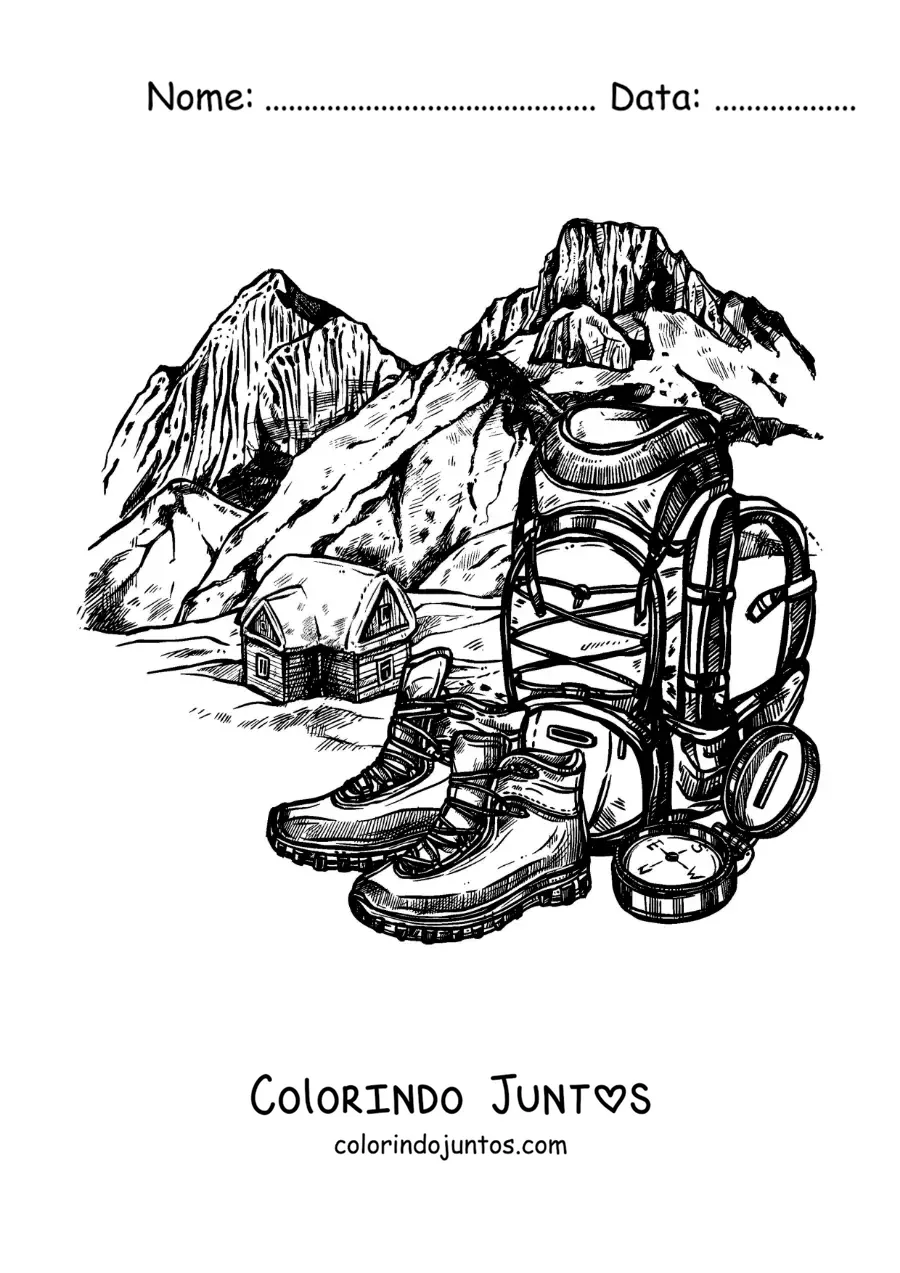 Desenho para colorir de uma mochila e um par de botas para escalar