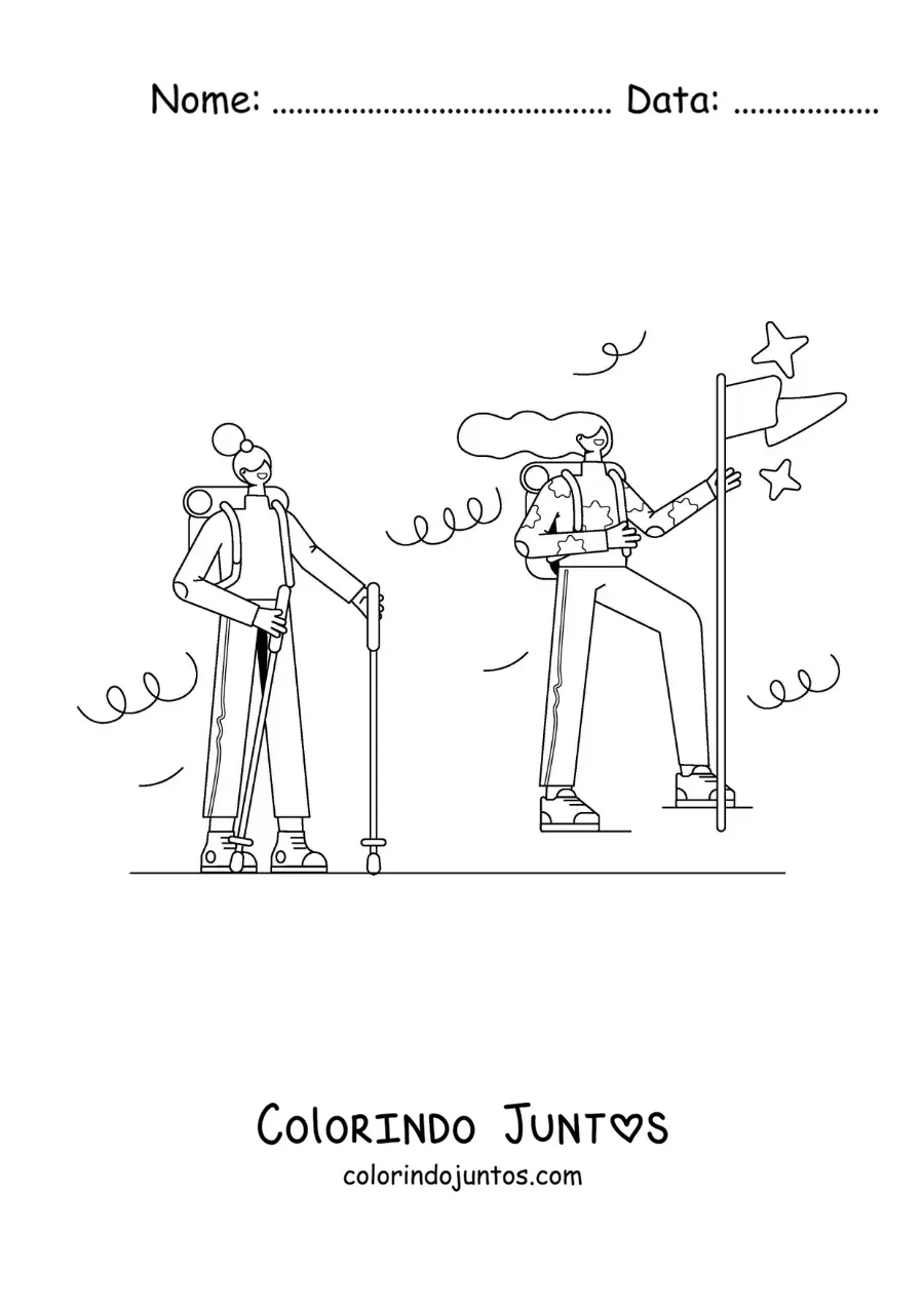 Desenho para colorir de duas meninas fazendo trilha