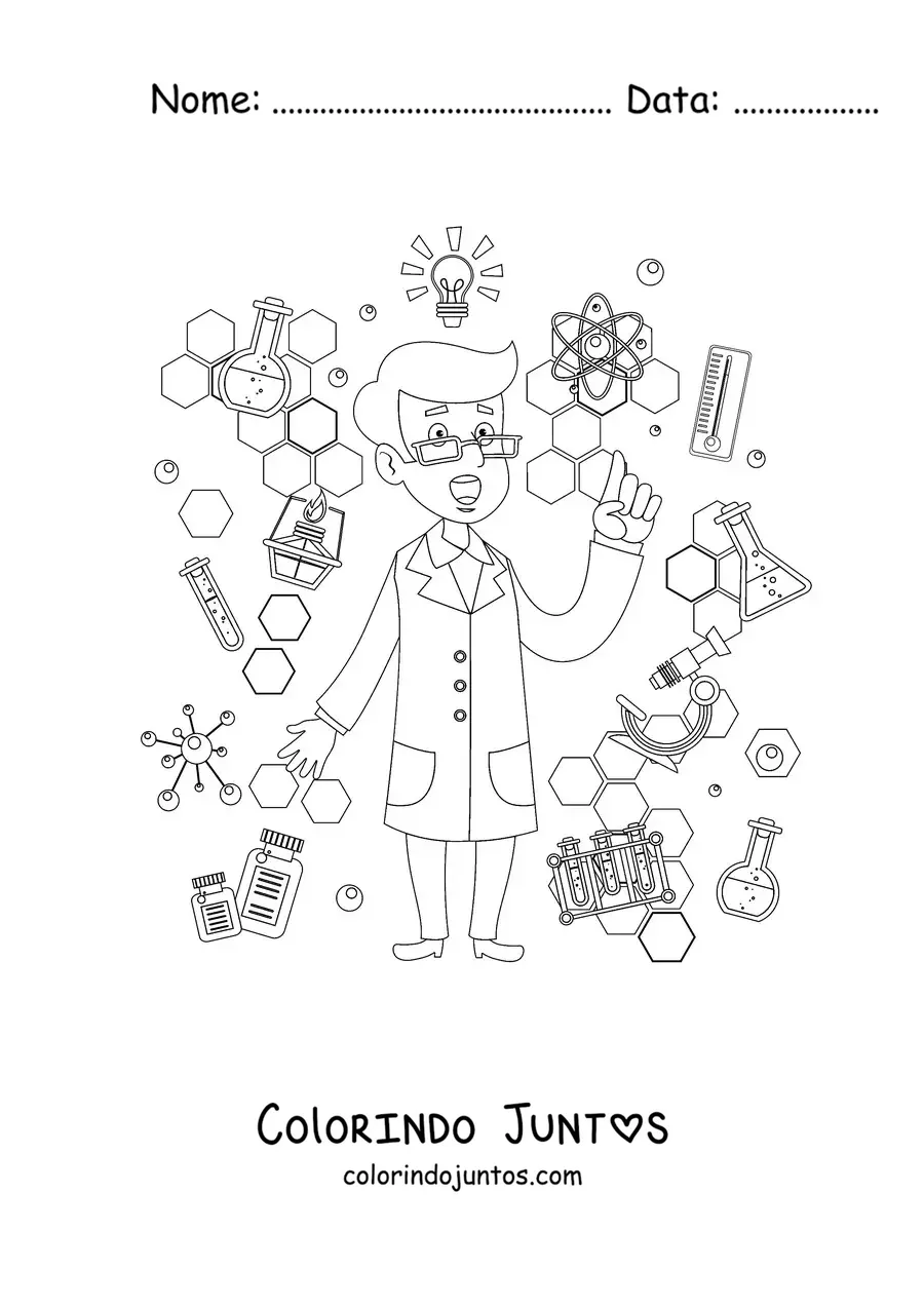 Desenho para colorir de um cientista animado rodeado de instrumentos científicos