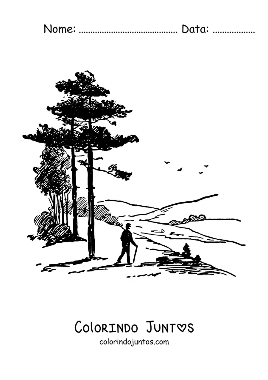 Desenho para colorir da silhueta de um caminhante nas montanhas