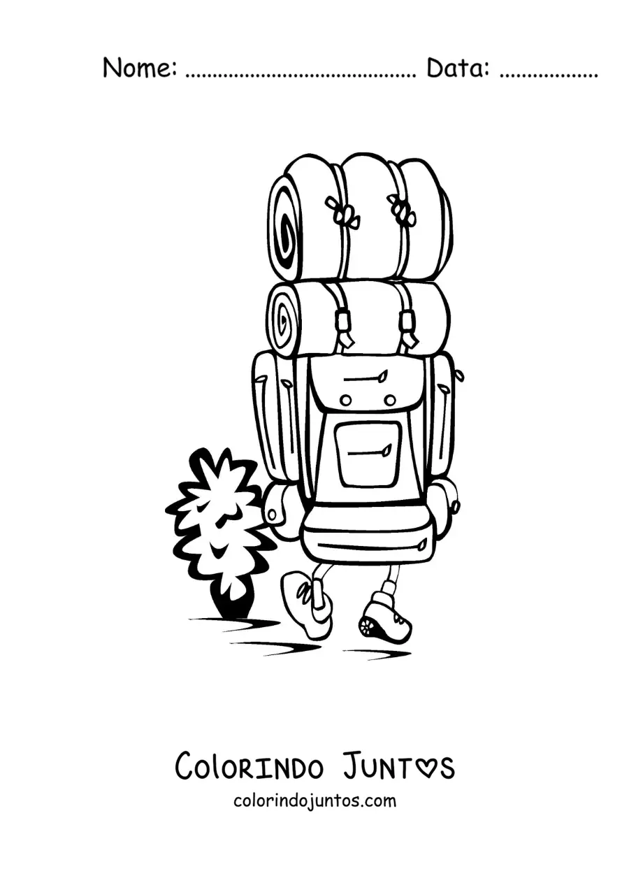 Desenho para colorir de um excursionista caminhando com uma mochila de acampamento