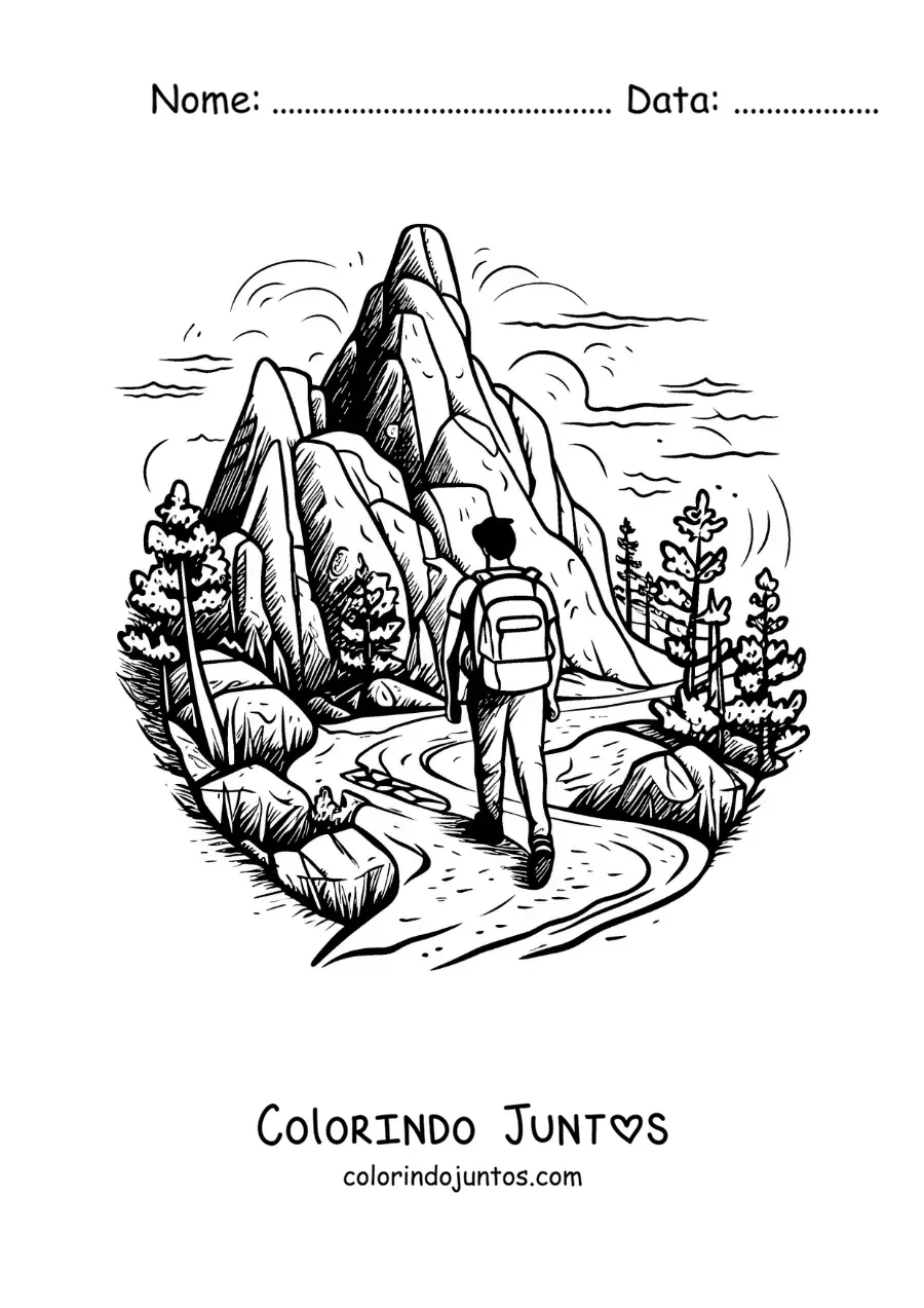 Desenho para colorir de um excursionista passeando pelas montanhas