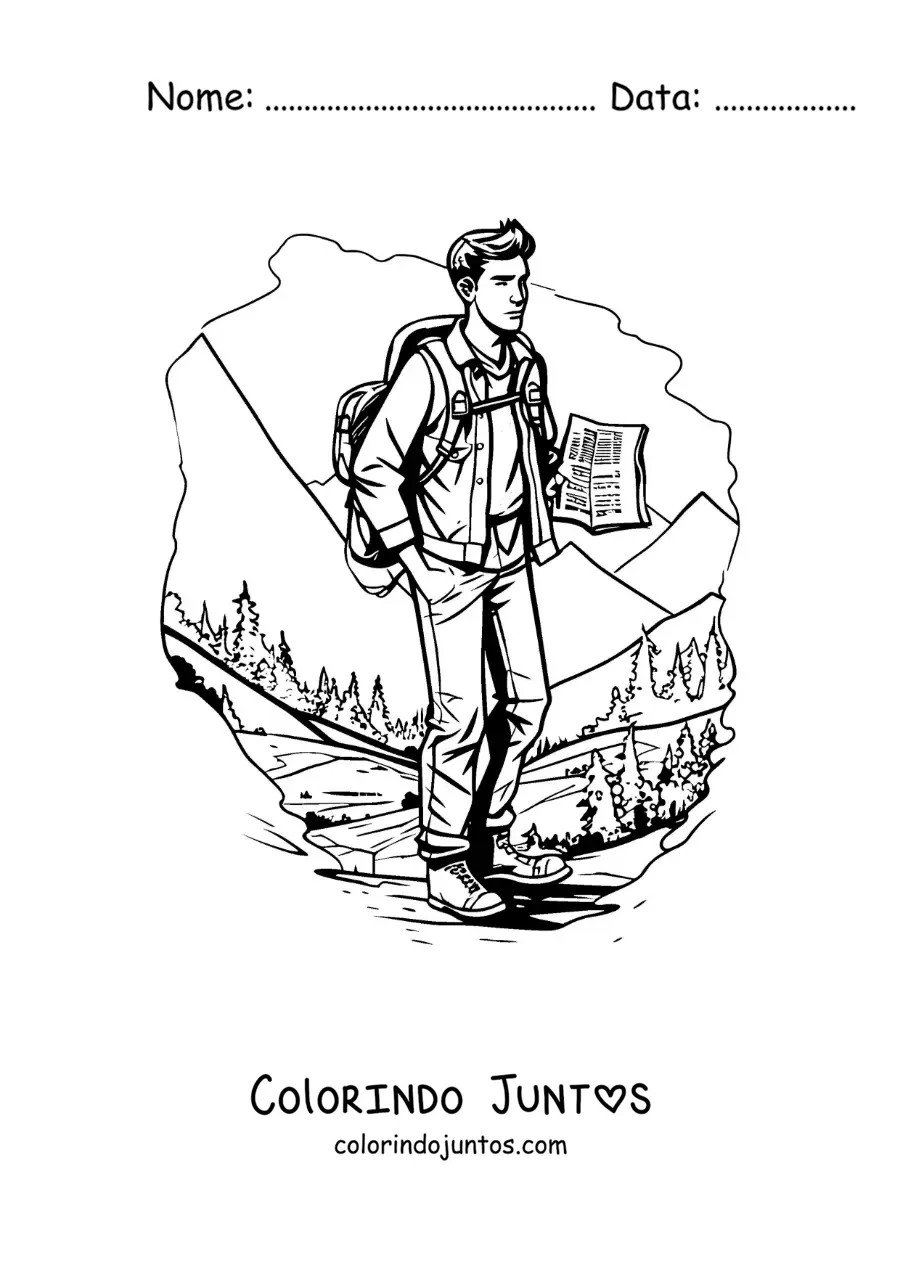 Desenho para colorir de um menino em uma trilha entre as montanhas em estilo realista