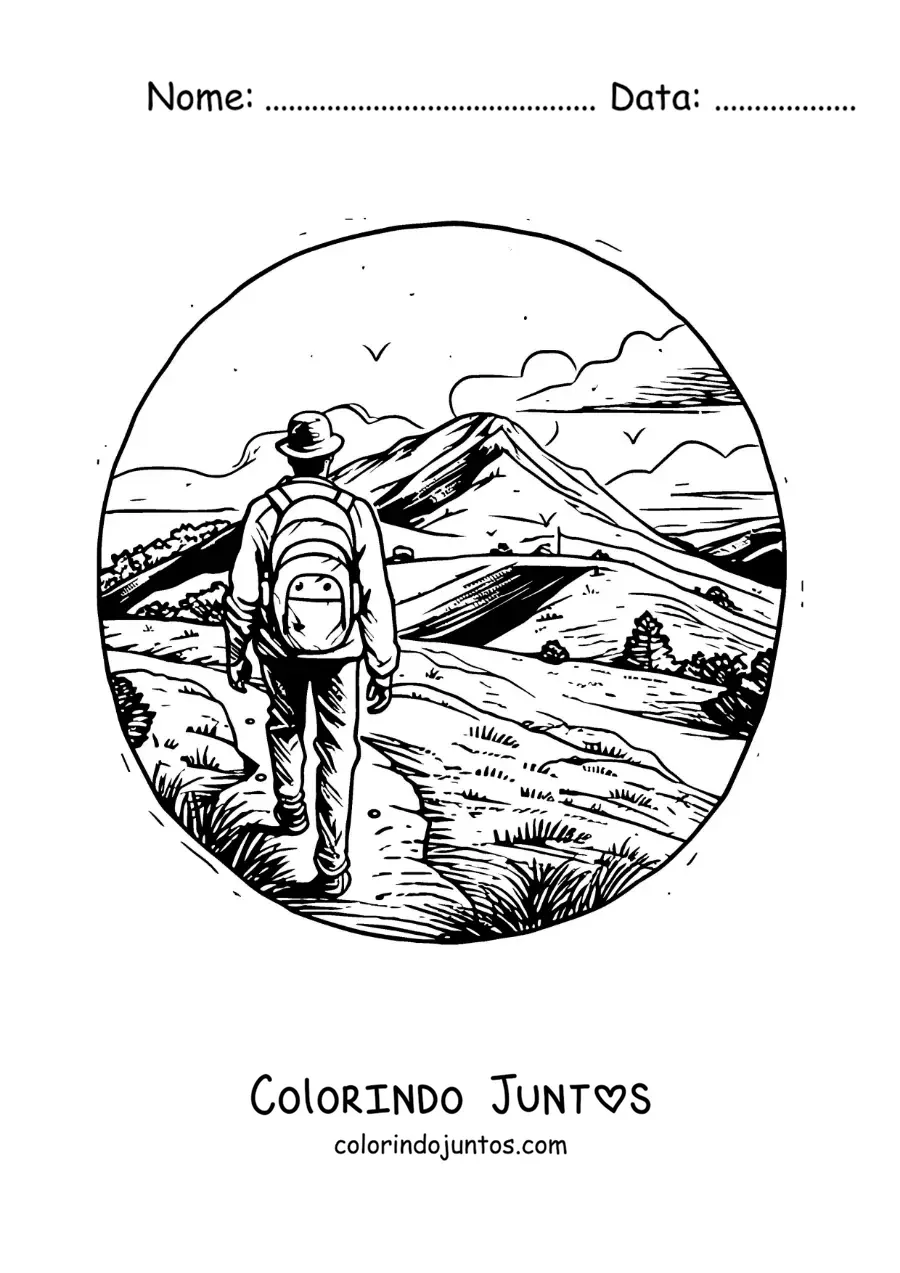 Desenho para colorir de um caminhante aventureiro nas montanhas