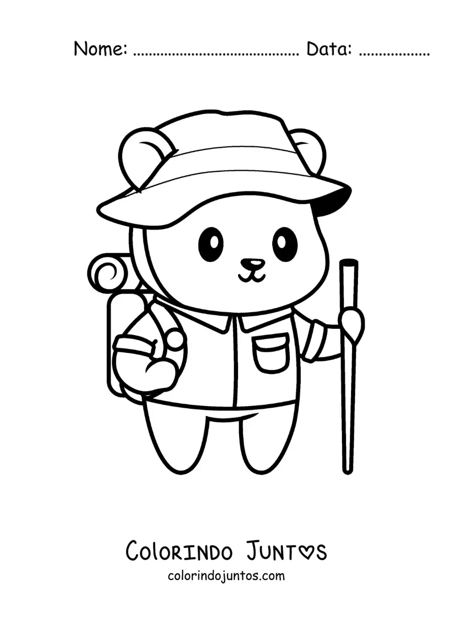 Desenho para colorir de um urso excursionista kawaii