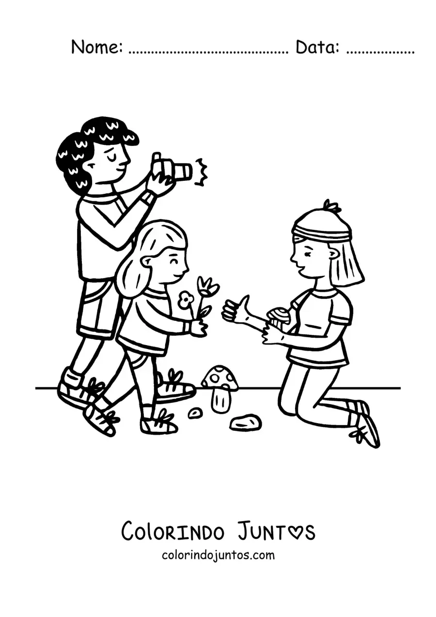 Desenho para colorir de uma familia em um passeio fotografando a natureza