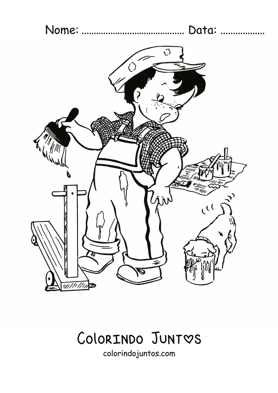 Desenho para colorir de um menino assustado com um pincel ao lado de um filhote comendo tinta