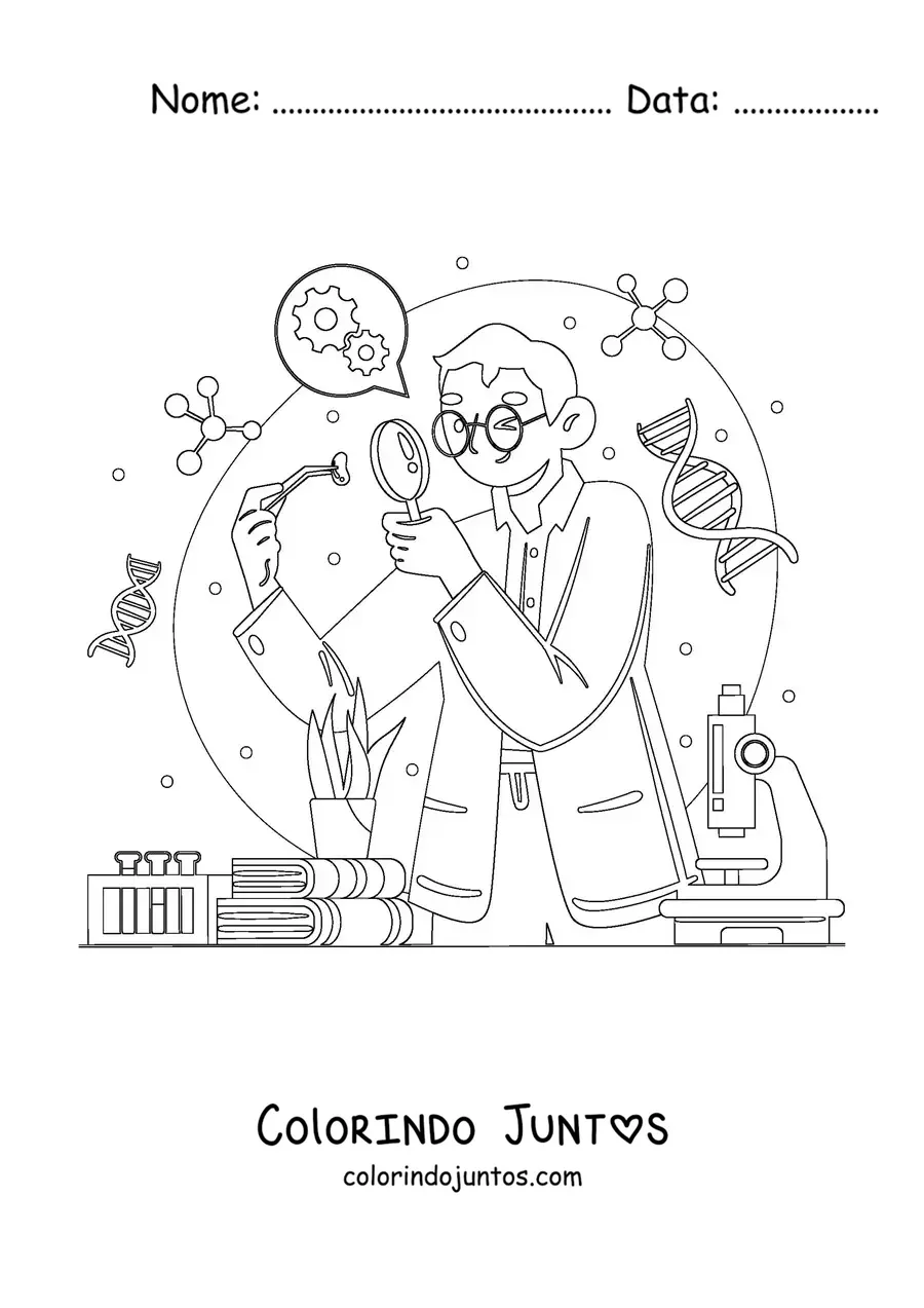 Desenho para colorir de um cientista fazendo experimentos