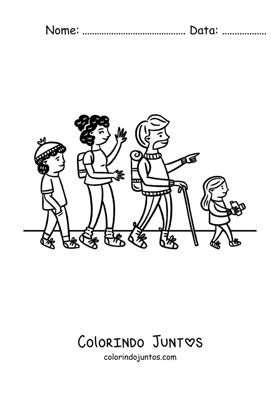 Desenho para colorir de uma familia caminhando em uma trilha