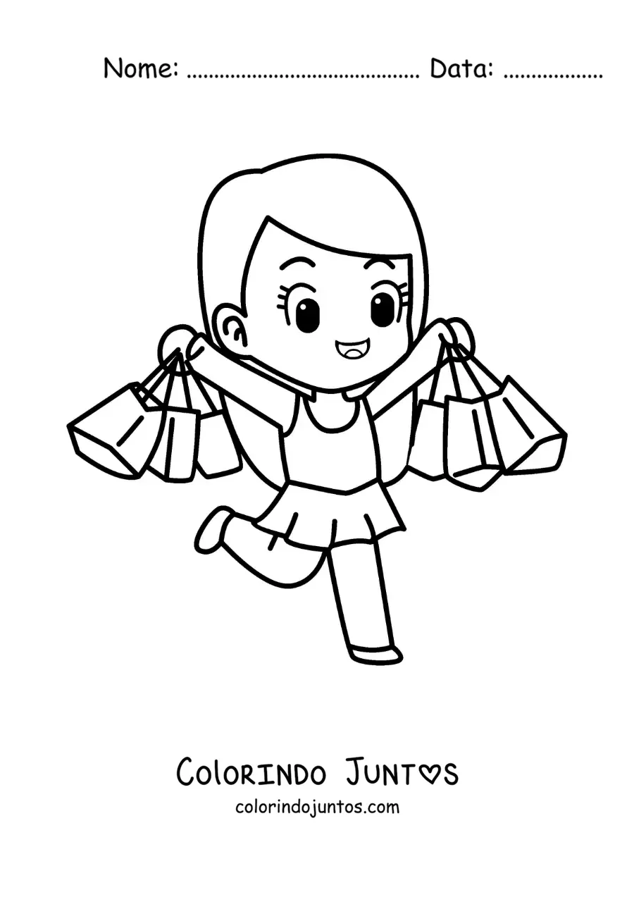 Desenho para colorir de uma menina kawaii de vestido com suas sacolas de compras