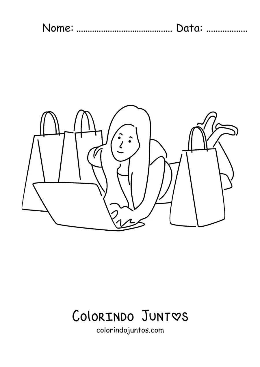 Desenho para colorir de uma menina comprando muitas roupas online no seu laptop