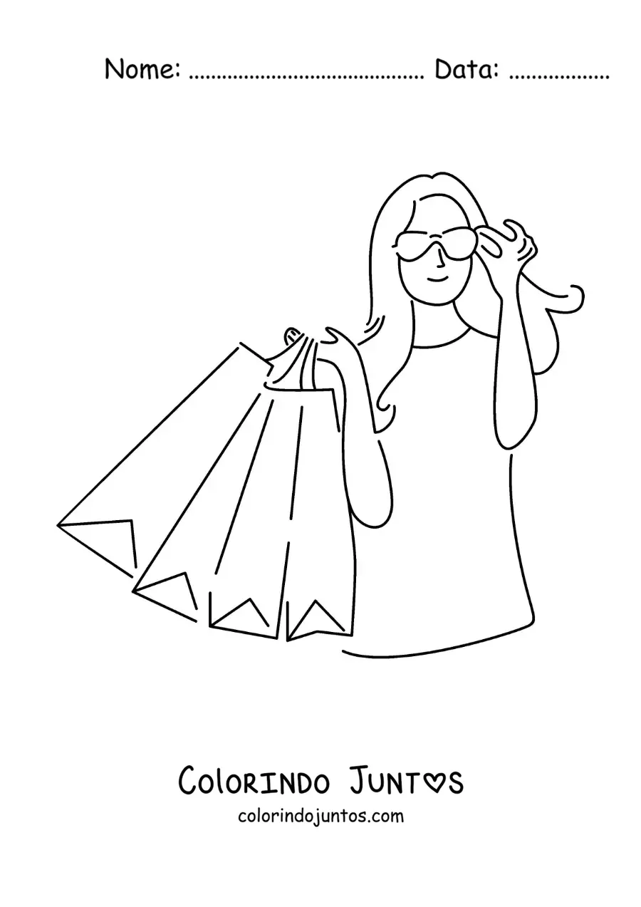 Desenho para colorir de uma menina fazendo compras com seus oculos de sol