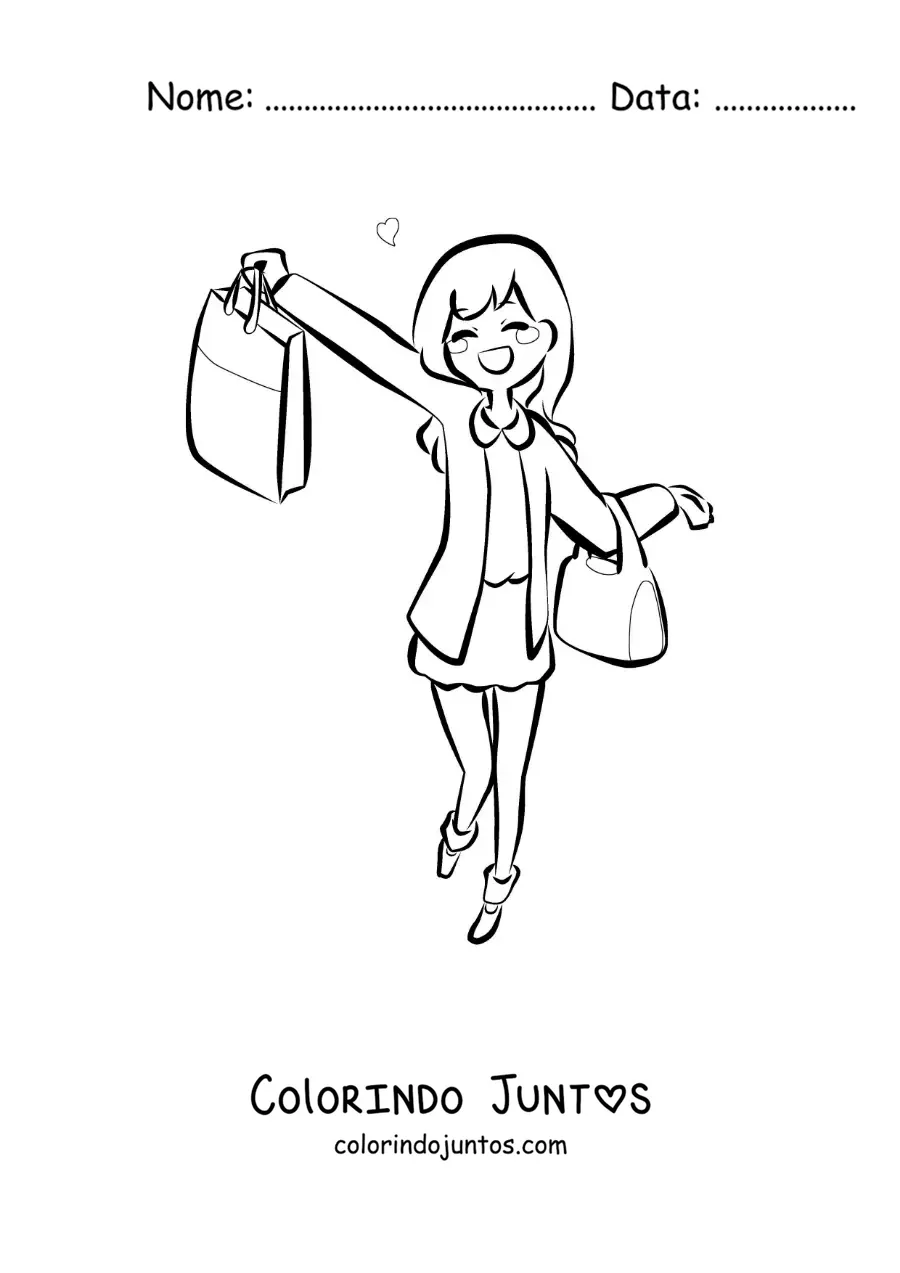 Desenho para colorir de uma menina estilo anime fazendo compras com suas sacolas