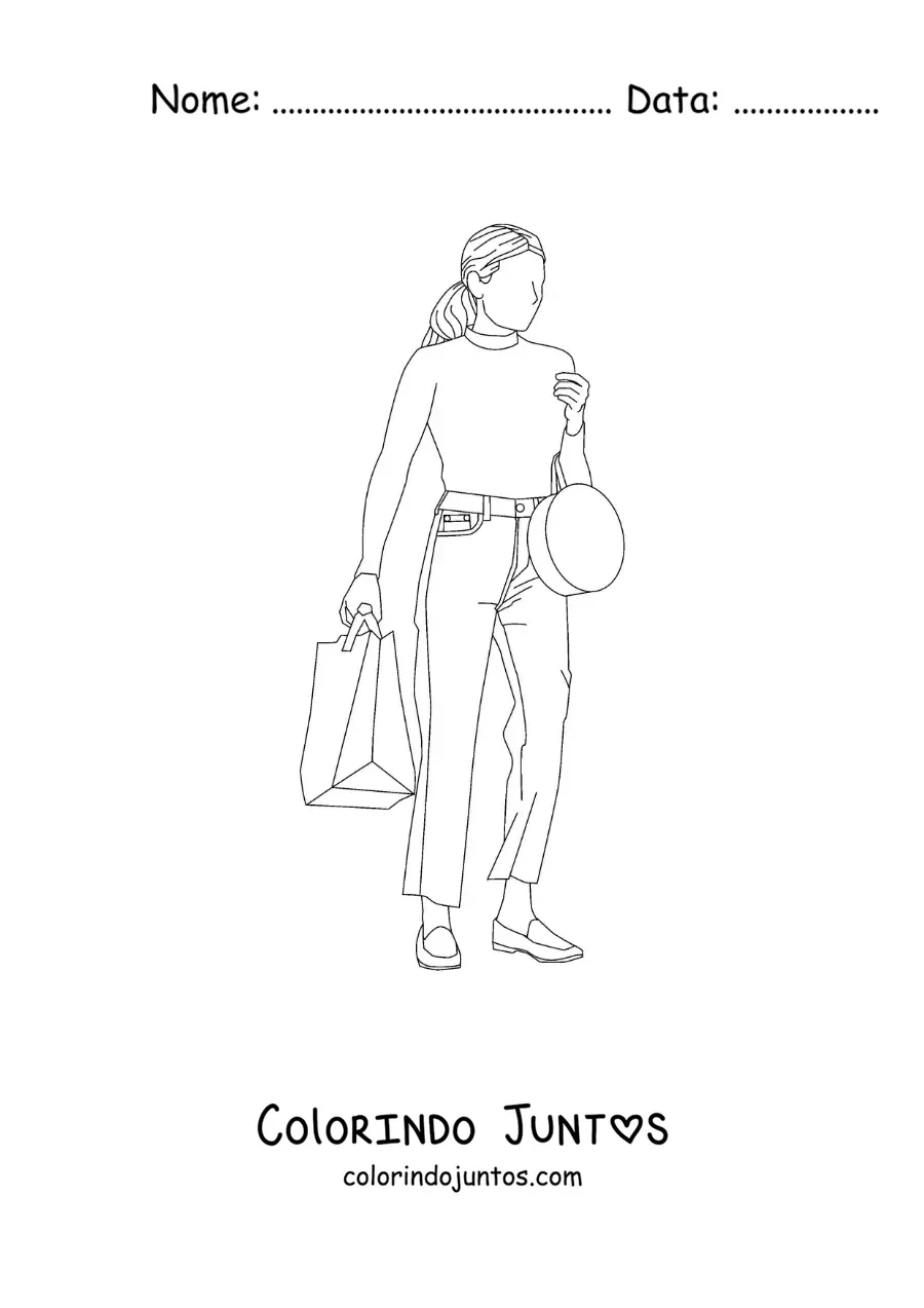 Desenho para colorir da silhueta de uma mulher com sacolas de roupas