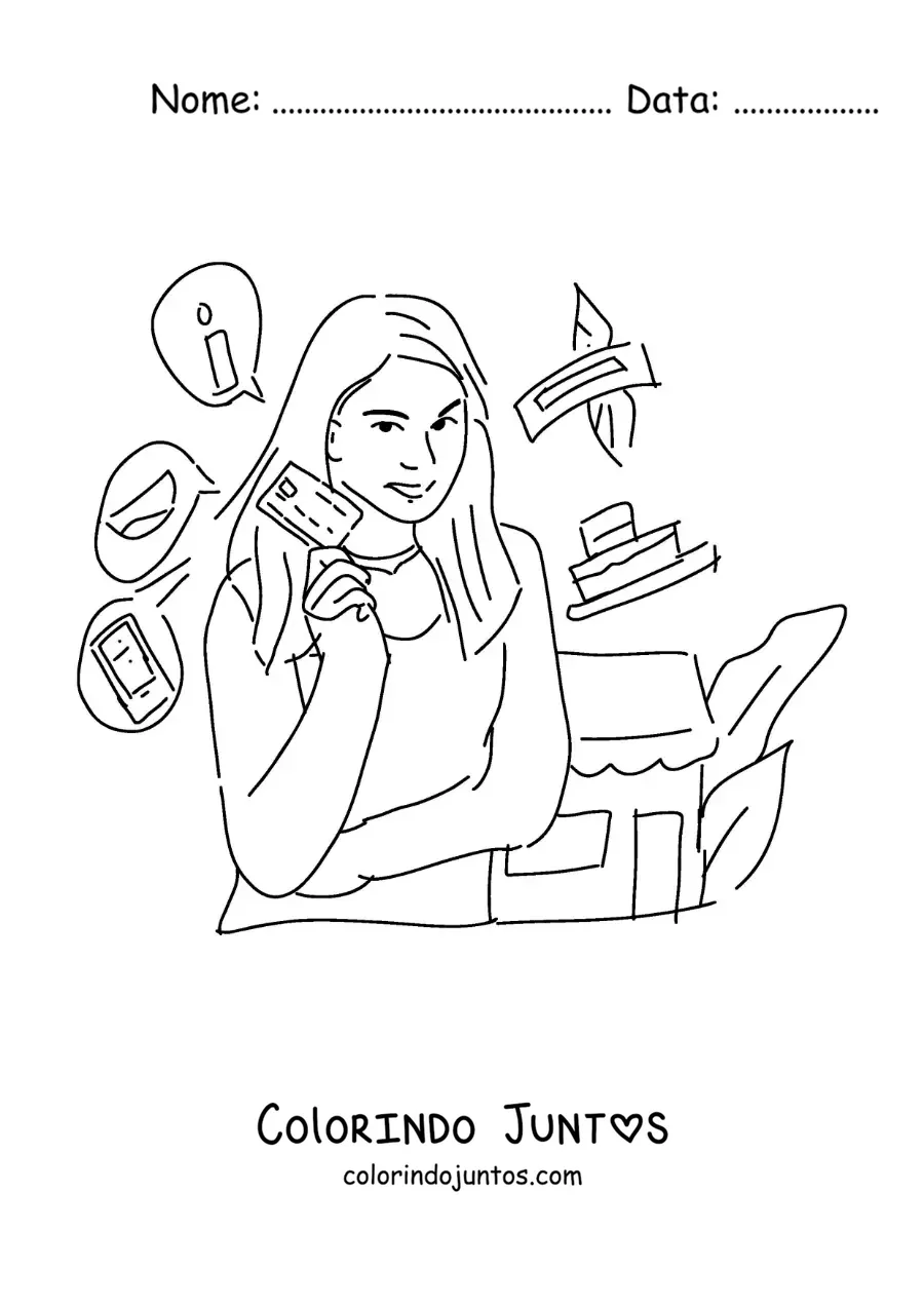 Desenho para colorir de uma mulher com seu cartão de crédito pronta para fazer compras