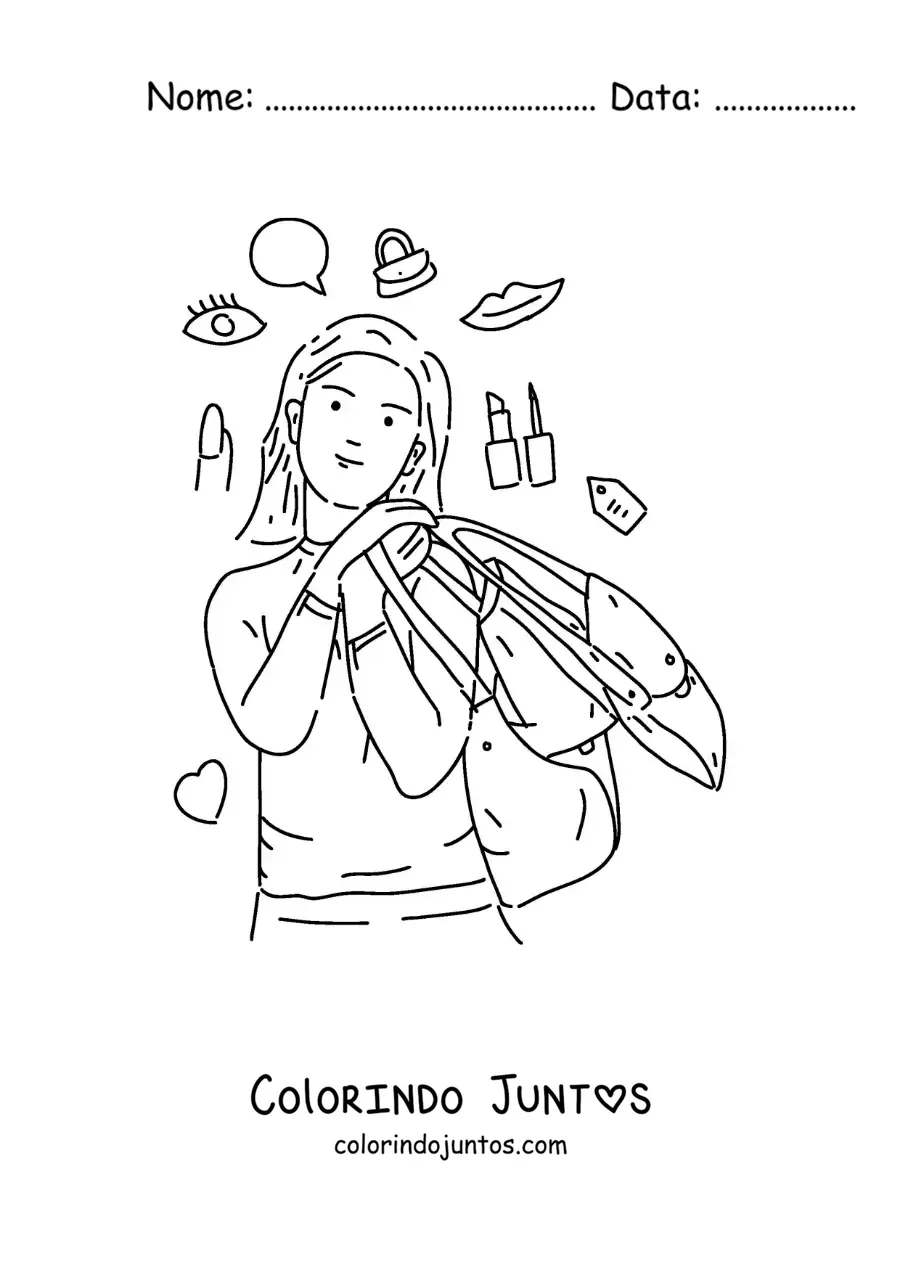 Desenho para colorir de uma menina com sacolas pensando em comprar maquiagem